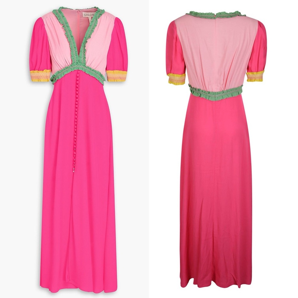 Saloni Lea Colorblock Crepe Maxi Dress Pink Green Size 4 US - Picture 12 of 13